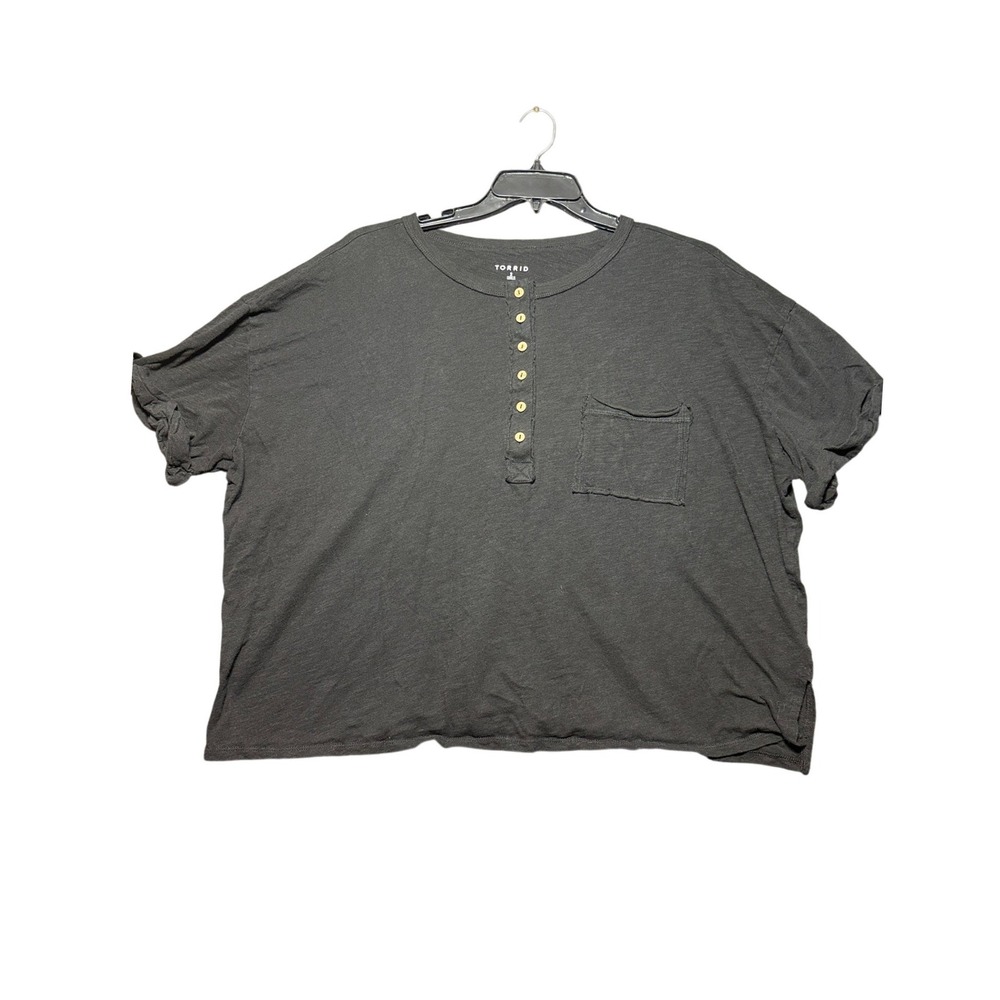 Torrid Henley Top Women Size 2 Black Short Sleeve Pocket Slub Cotton 43510773